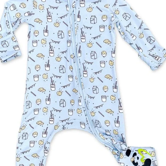 Bellabu Bear Kids' Milk & Cookies Blue Convertible Footie Pajamas designer pjs